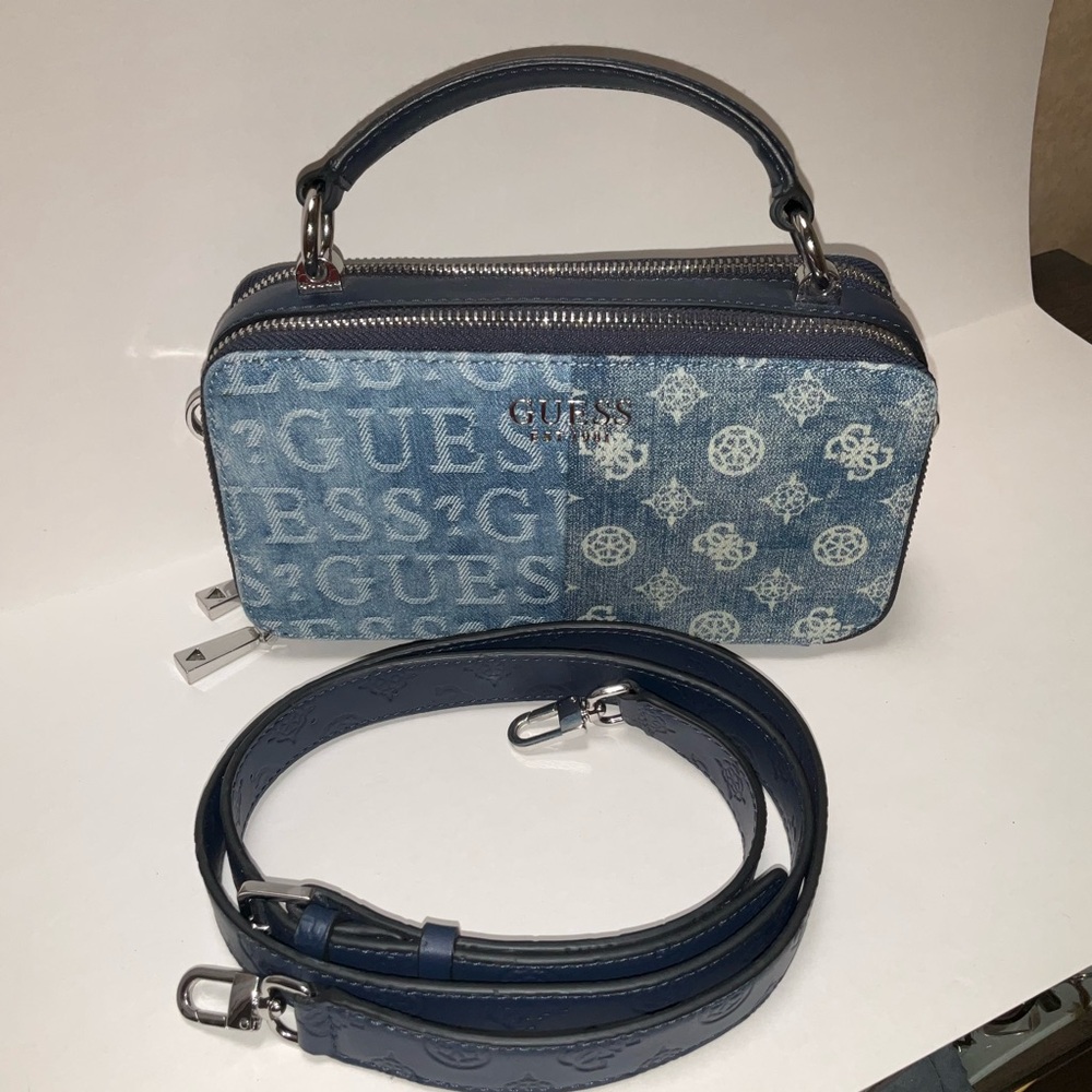 DENIM Crossbody GUESS logo Kaylyn Camera Bag Top Handle purse Blue Jeans Bag